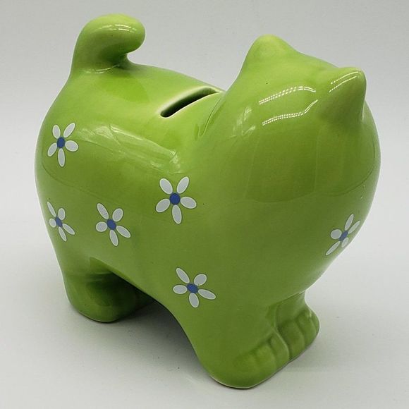 Lime Green Cat Shaped Applied White Blue Flowers Ceramic Piggy Bank with Stopper - Picture 7 of 13